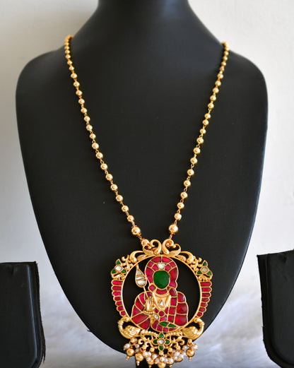 Matte finish pink-green kundan jadau Shri Karthikeya pendant necklace dj-52605