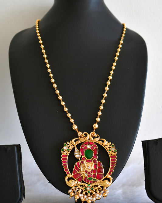Matte finish pink-green kundan jadau Shri Karthikeya pendant necklace dj-52605