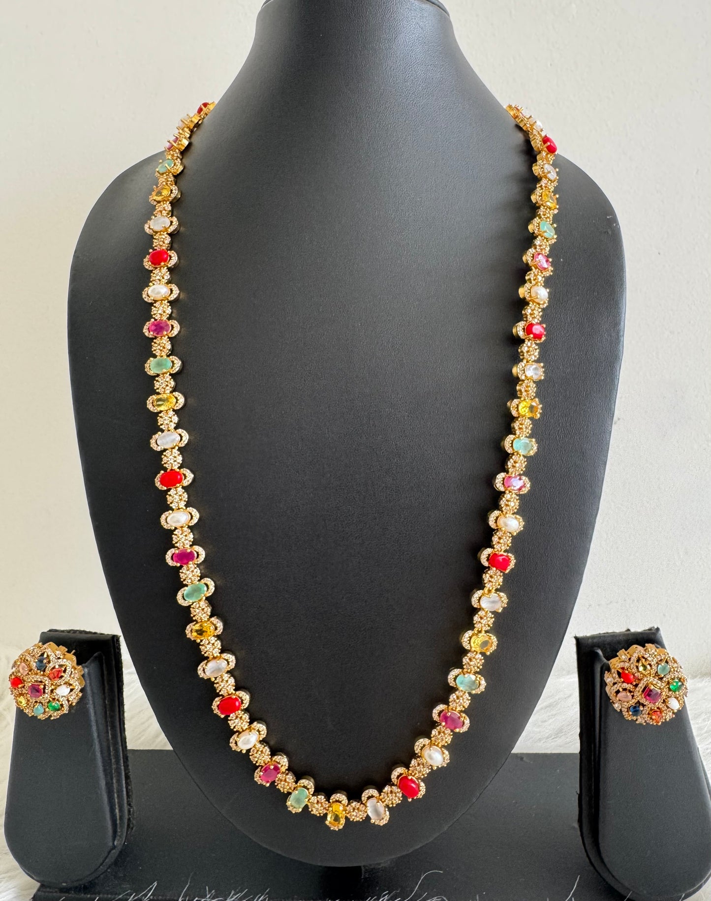 Matte finish cz navarathna oval stone lakshmi coin short haar set dj-51238