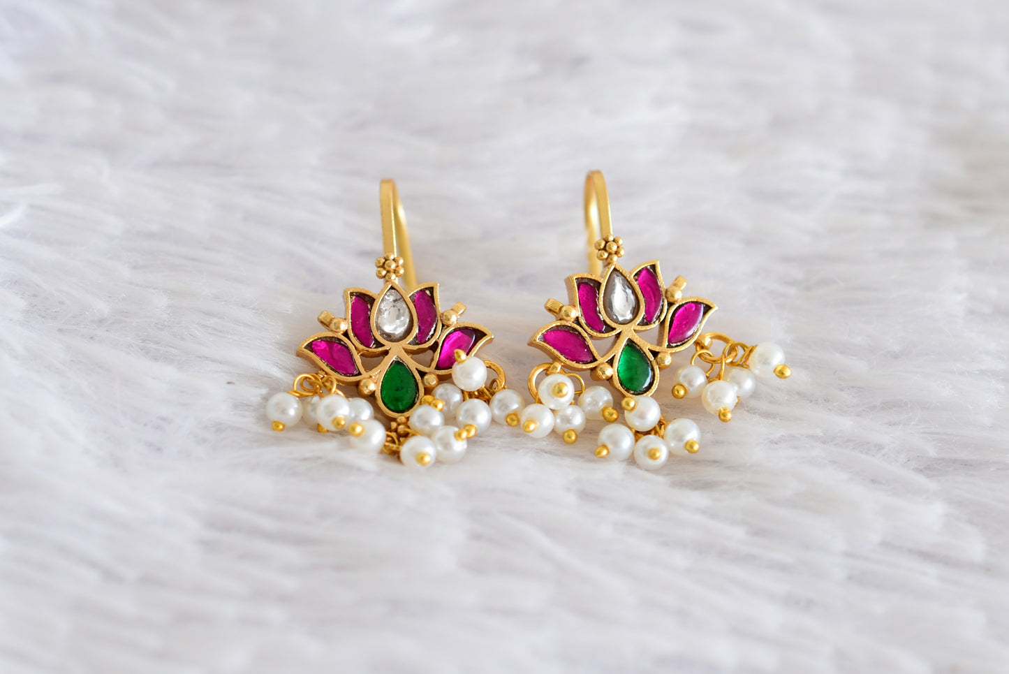 Gold tone pink-green kundan jadau lotus bugadi earrings dj-52469