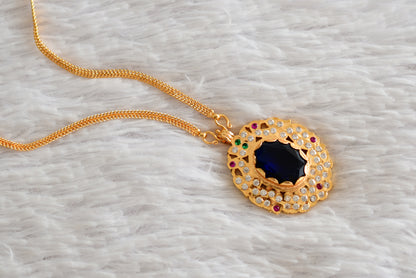 Gold tone 24 chain with navy blue oval stone pendant dj-51911