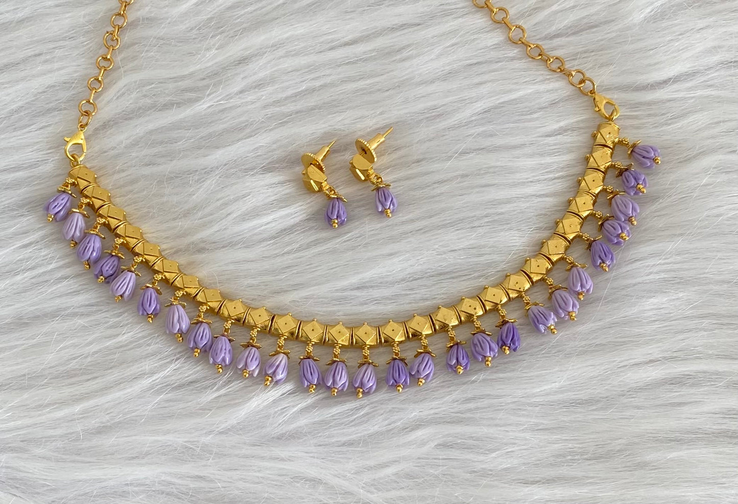 Antique gold tone purple tulip beaded necklace set dj-54038