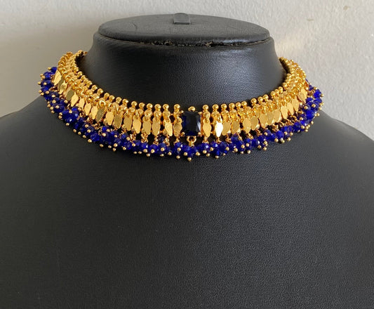 Gold tone Kerala style elakka blue beaded choker necklace dj-54298