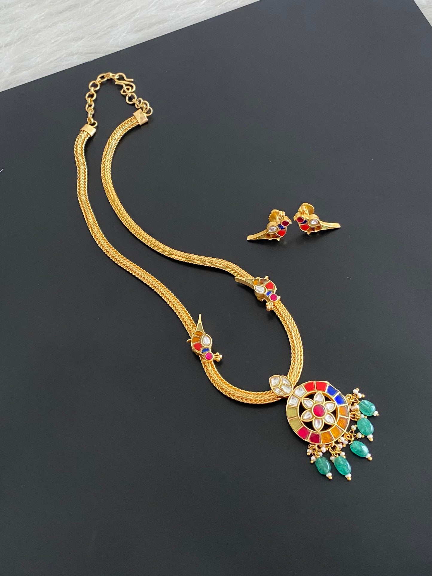Gold tone navarathna kundan jadau bird necklace set dj-54493