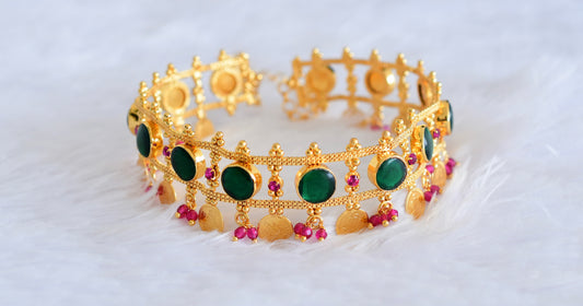 Gold tone kerala style pink-green round laksmi coin choker necklace dj-53088