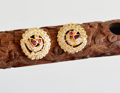 Gold tone AD pink-white south Indian peacock round stad/earrings dj-53347