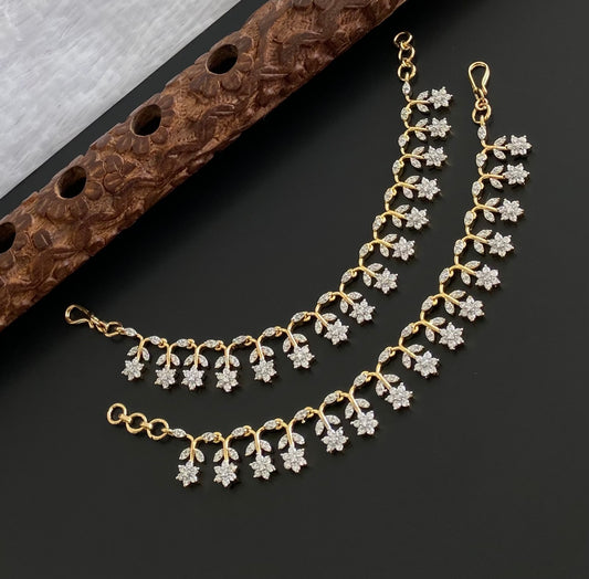 Two tone cz white stone flower ear side chain dj-54064