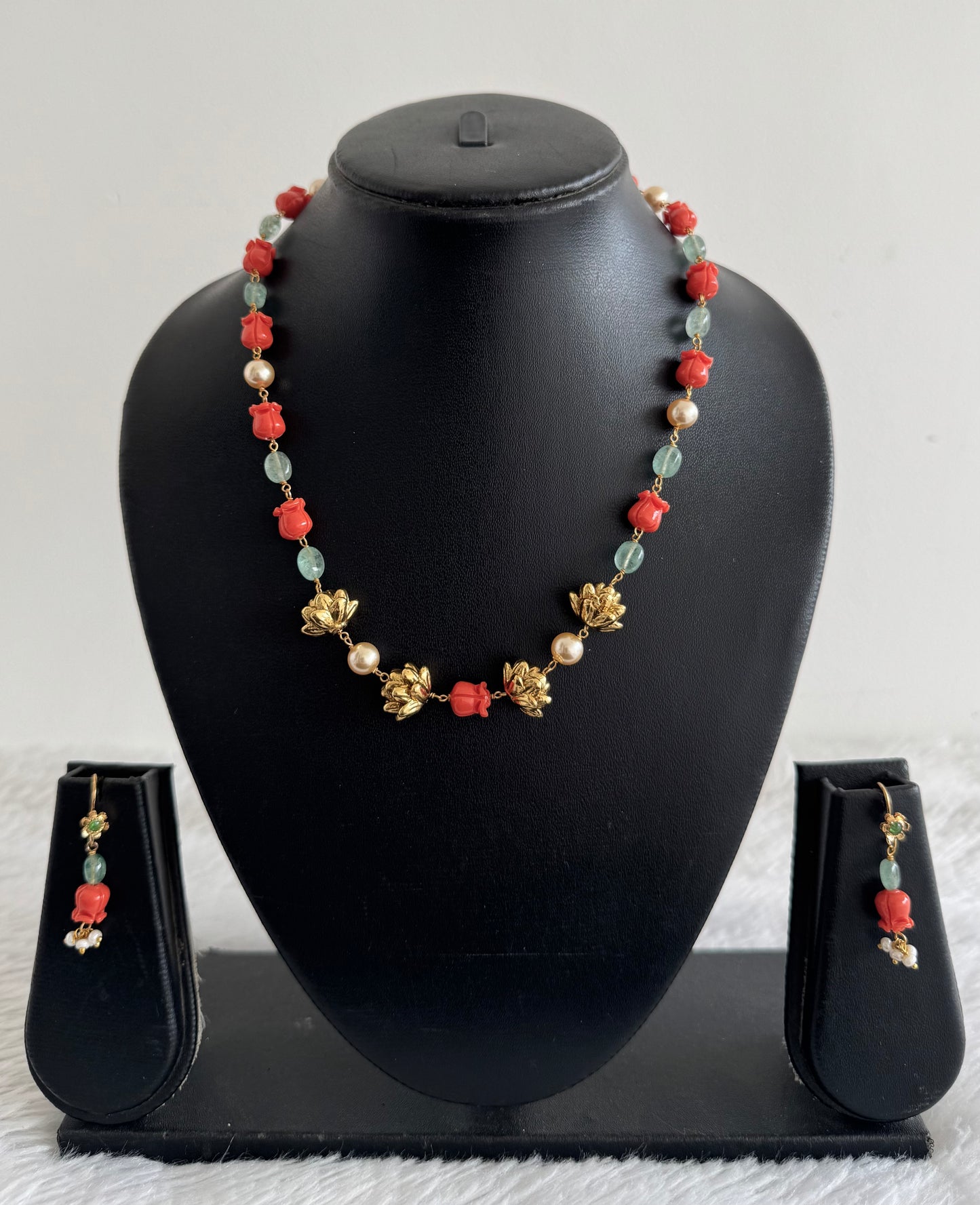 Matte finish coral-green-pearl lotus beaded necklace set dj-52084