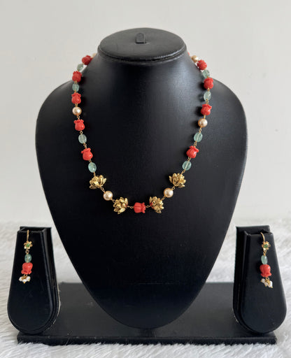 Matte finish coral-green-pearl lotus beaded necklace set dj-52084
