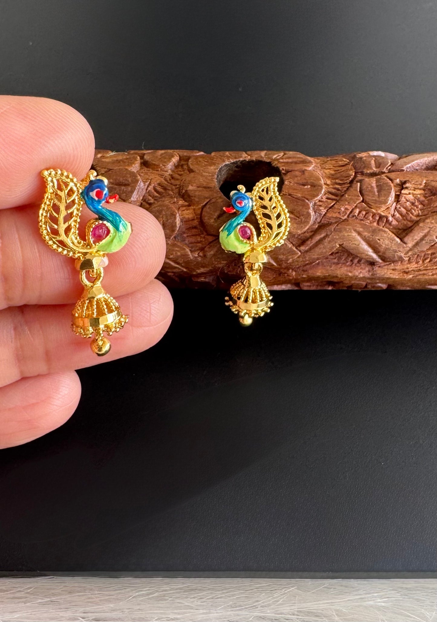 Gold tone blue-green small enamel peacock jhumkka dj-51291