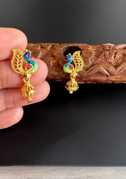 Gold tone blue-green small enamel peacock jhumkka dj-51291