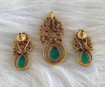 Antique gold tone coral-green-white pendant set dj-53979