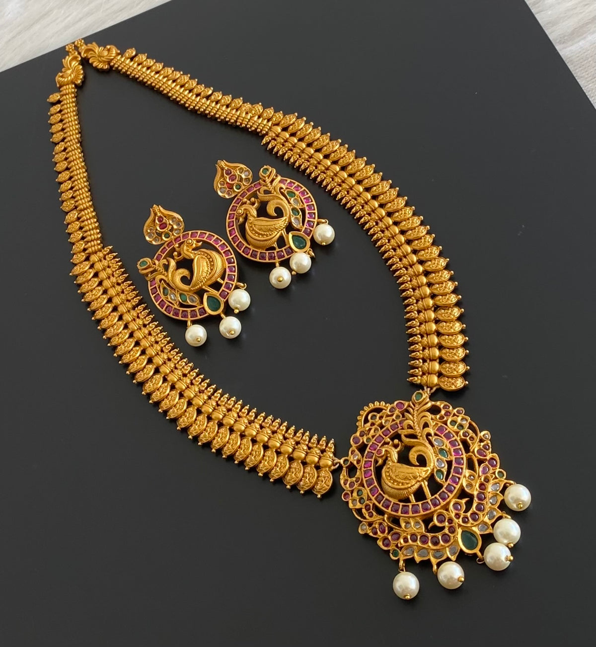 Matte finish kemp-green pearl peacock lakshmi coin haar set dj-54998