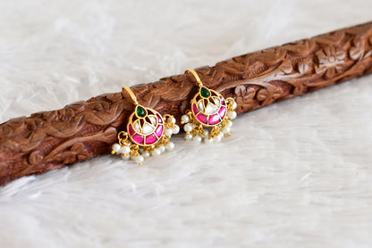 Gold tone pink-green kundan jadau bali bugadi earrings dj-52472