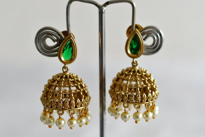 Antique gold tone green thilak stone pearl jhumkka dj-51853