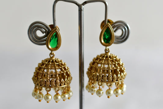 Antique gold tone green thilak stone pearl jhumkka dj-51853