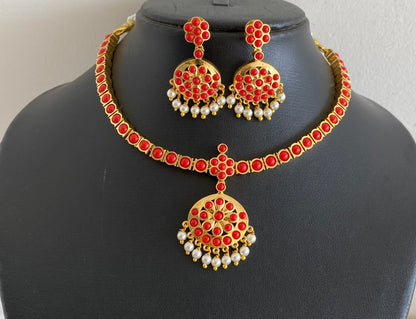 Gold tone coral south Indian style necklace set dj-54405