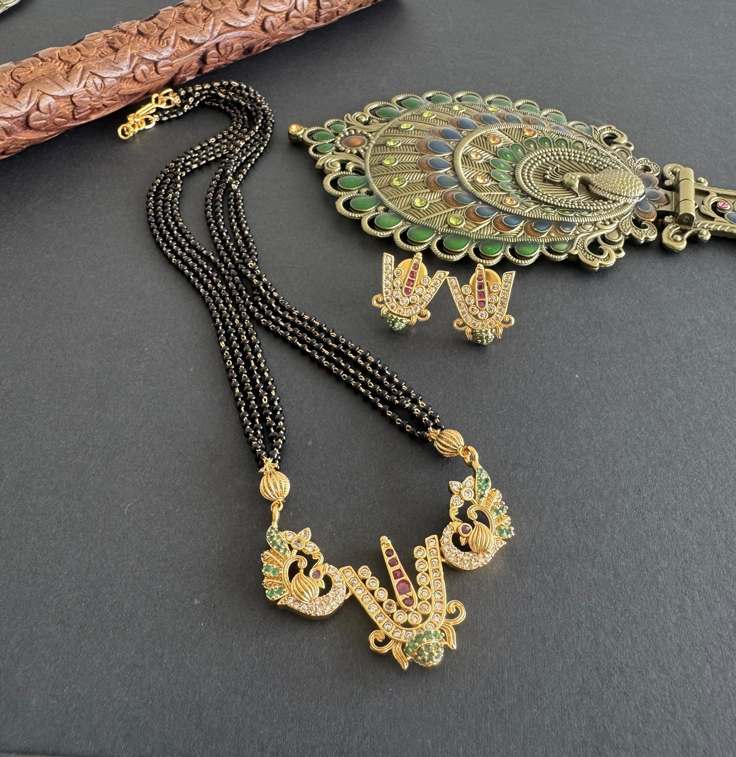 Matte finish cz pink-green Thirumal Nama peacock 18 inches mangalsutra set dj-52070