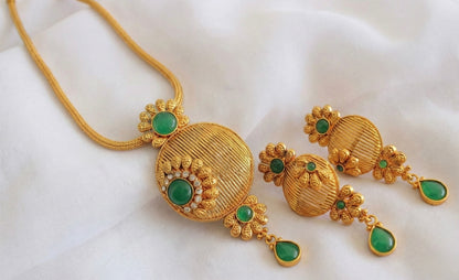Antique Green Flower Pendant Necklace Set-dj17280