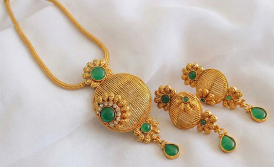 Antique Green Flower Pendant Necklace Set-dj17280