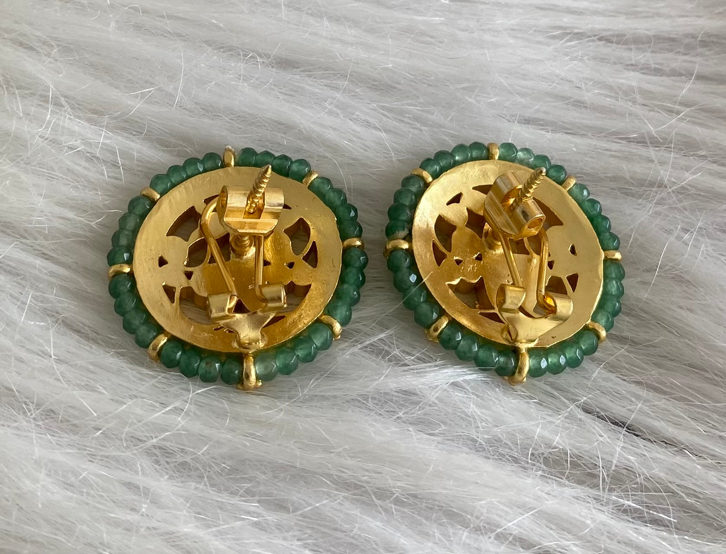 Gold tone pink-green-white kundan jadau green beaded peacock round stud/earrings dj-54578