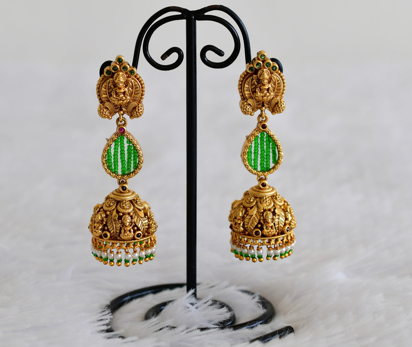 Antique gold tone green beaded pearl long Lakshmi jhumkka dj-52554