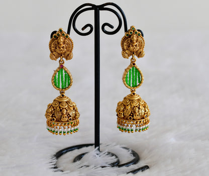 Antique gold tone green beaded pearl long Lakshmi jhumkka dj-52554
