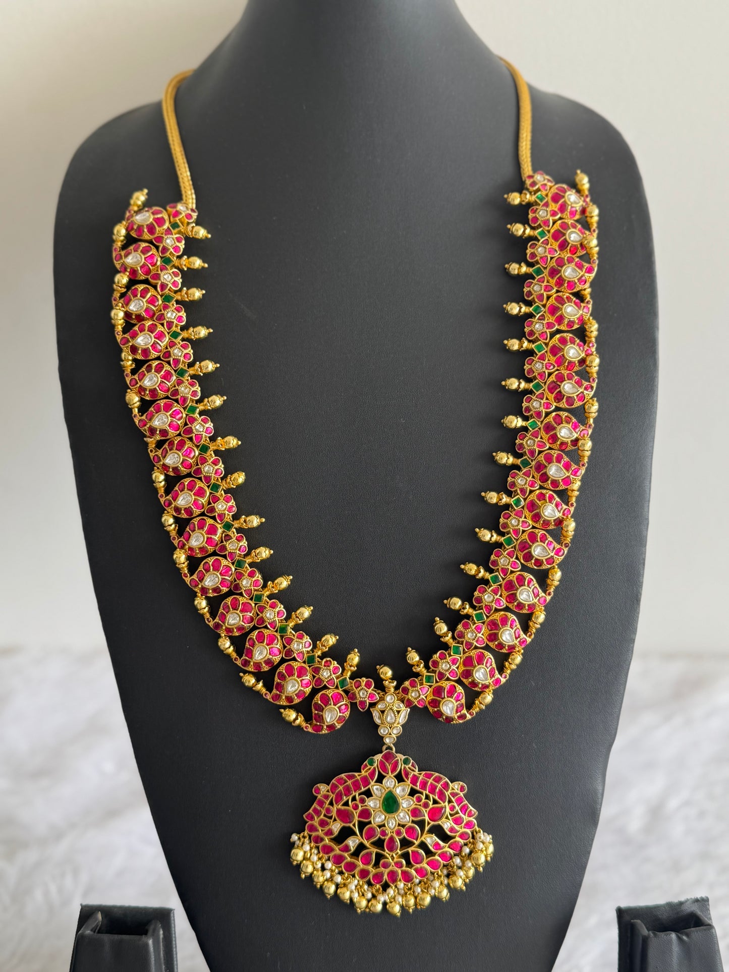 Gold tone pink-green-white Kundan jadau Mango peacock Haar Dj-51557