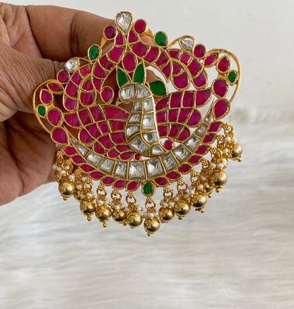 Gold tone pink-green-white kundan jadau peacock pendant dj-53845