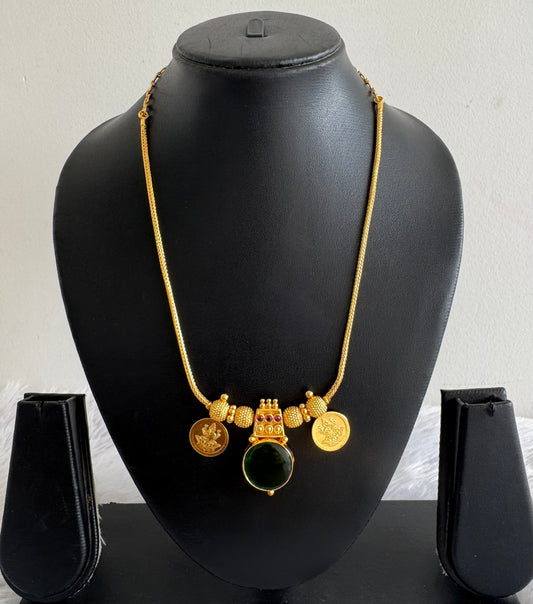Gold tone pink-green kerala style round kodi Lakshmi coin necklace dj-51707