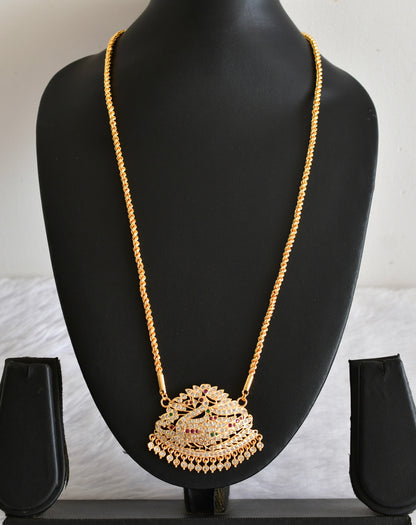 Gold tone AD white-pink-green swan pendant with chain dj-53328