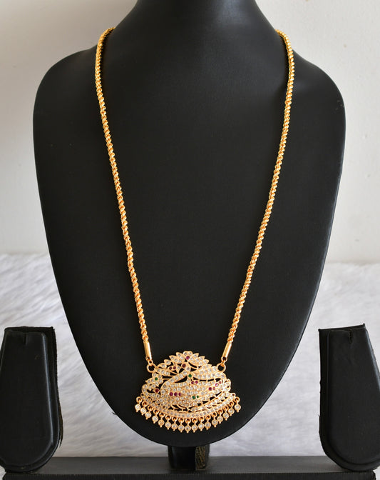 Gold tone AD white-pink-green swan pendant with chain dj-53328