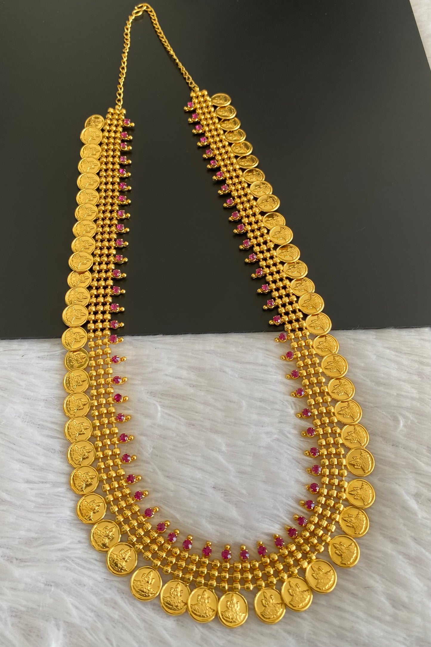 Gold tone pink stone lakshmi coin haar dj-53163