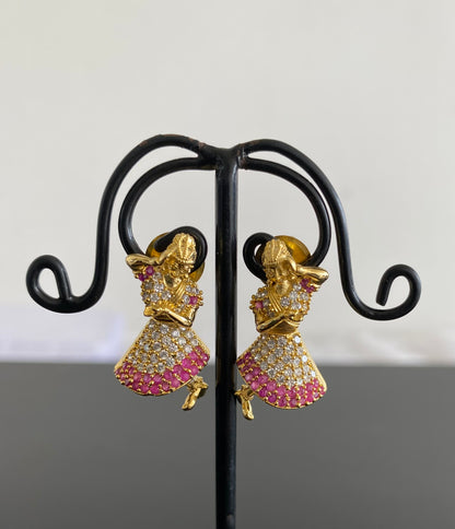 Gold tone cz ruby dancing doll earrings dj-30224