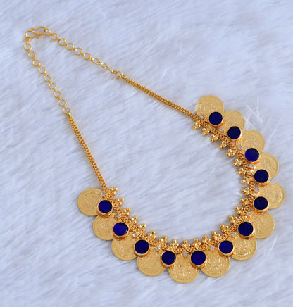 Gold tone kerala style blue-white round lakshmi coin necklace dj-53078