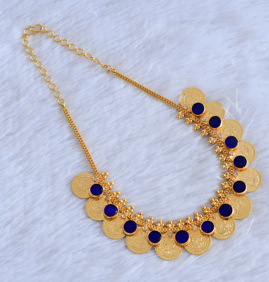 Gold tone kerala style blue-white round lakshmi coin necklace dj-53078