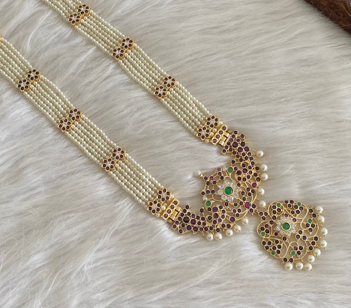 Gold tone precious kemp-green-white pearl flower peacock haar dj-54681