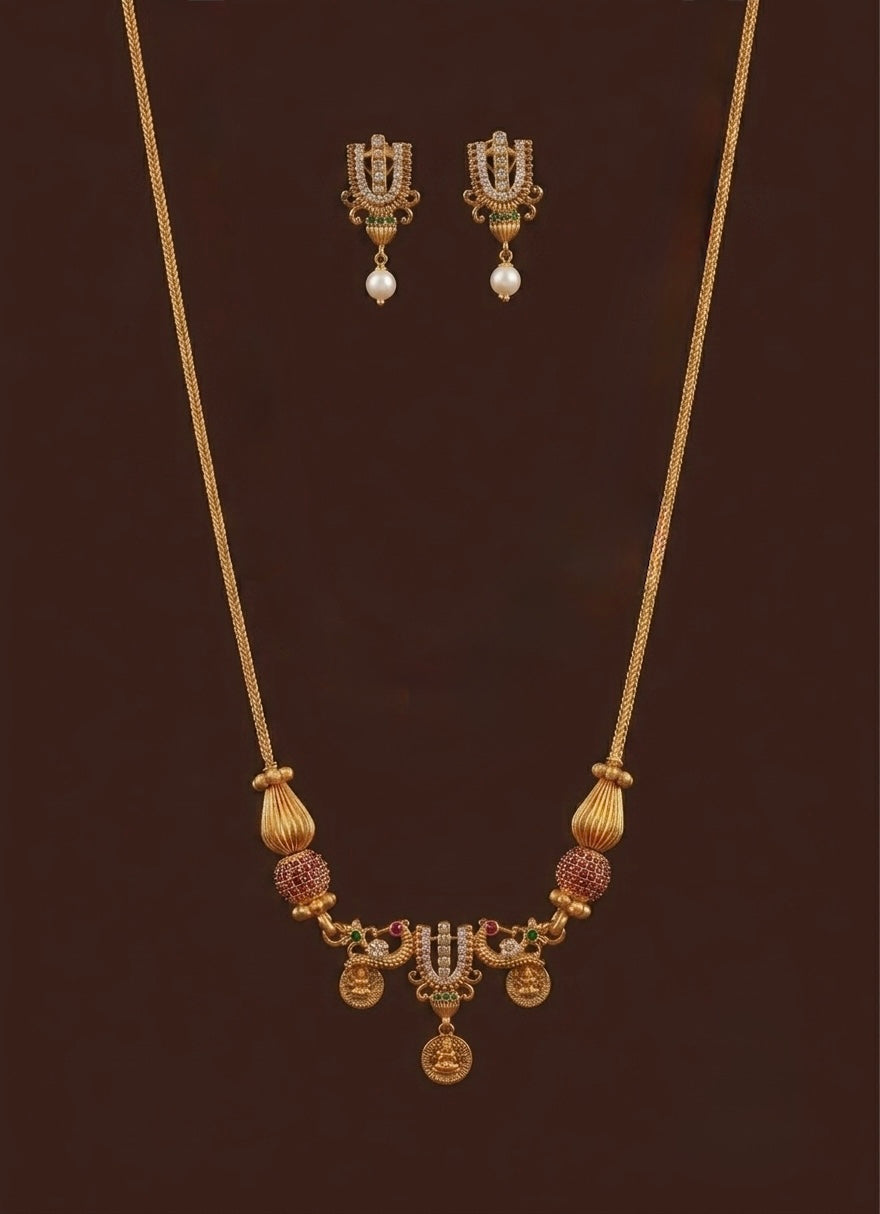 Matte finish pink-green-white thirumal nama beaded chain set dj-54011