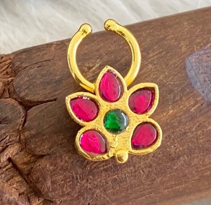Gold tone kundan jadau pink-green stone flower nose pin/bulakku dj-53777