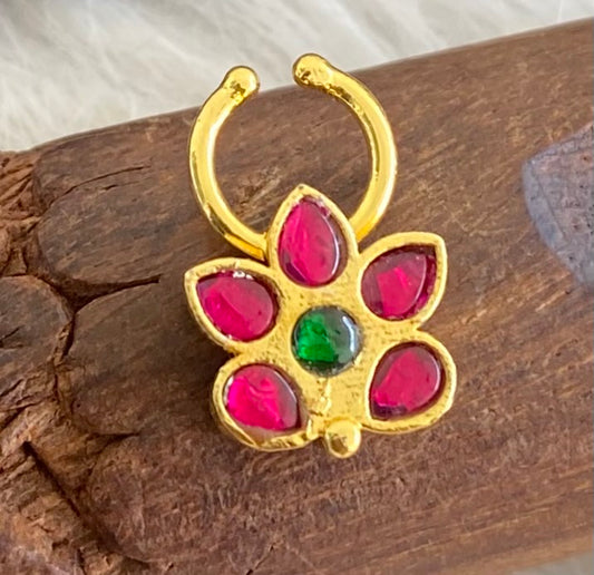 Gold tone kundan jadau pink-green stone flower nose pin/bulakku dj-53777