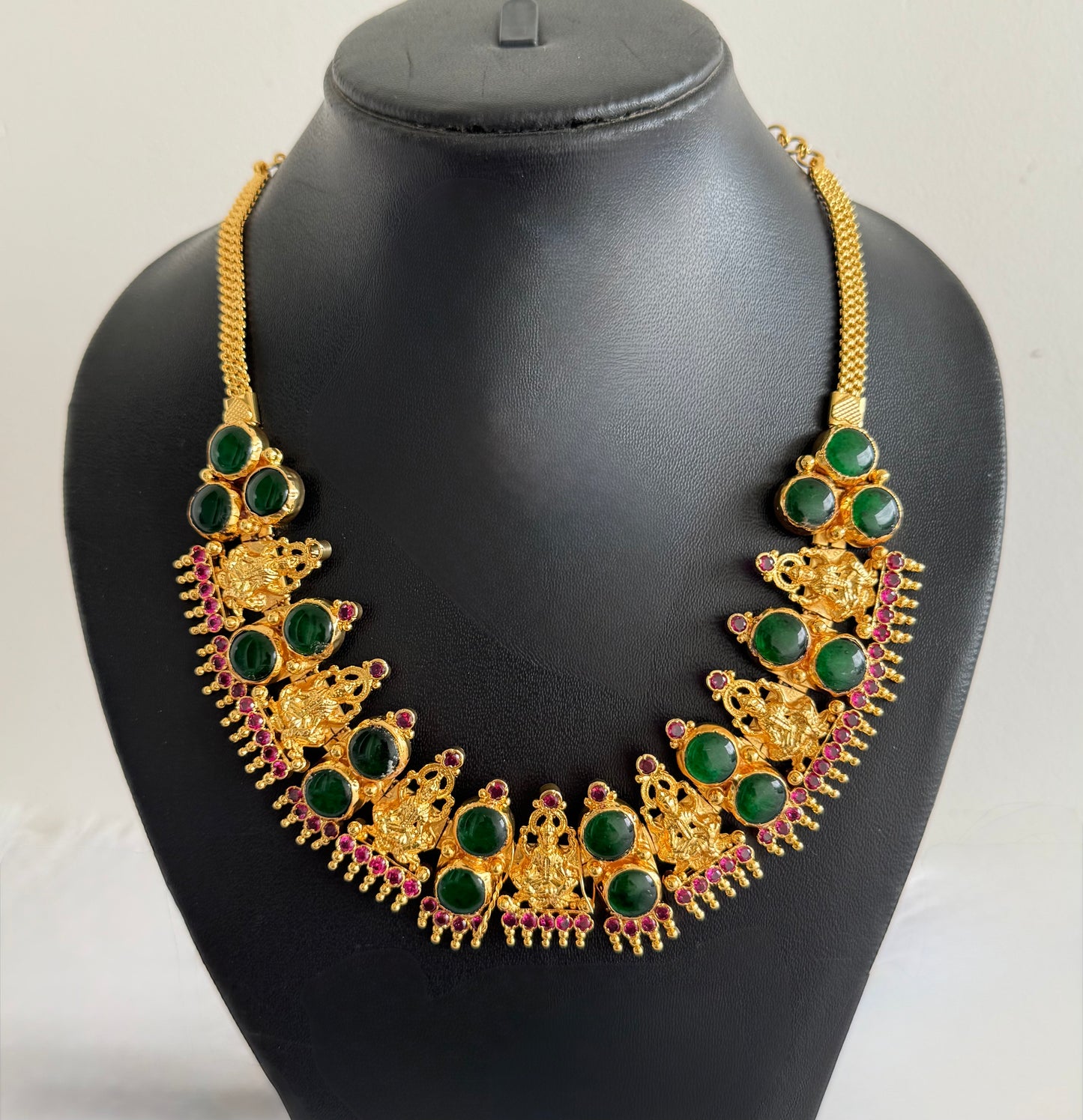 Gold tone pink-green kerala style round Lakshmi coin necklace dj-51711