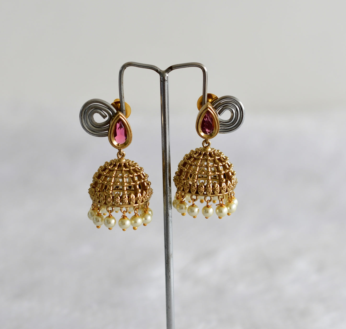 Antique gold tone magenta pink thilak stone pearl jhumkka dj-51851