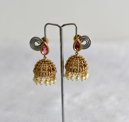 Antique gold tone magenta pink thilak stone pearl jhumkka dj-51851