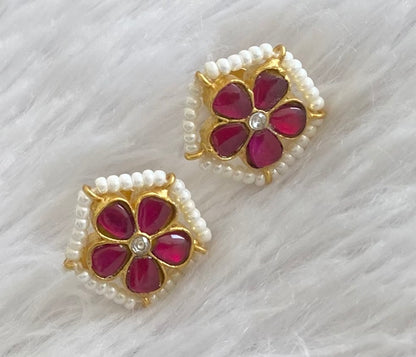 Gold tone pink-white pearl kundan jadau flower stud/earrings dj-53549