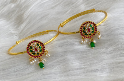 Gold tone kundan jadau kemp-green-white round lotus baju band dj-53838