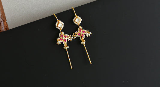Gold tone pink-white kundan jadau flower bugadi needle earrings dj-52452