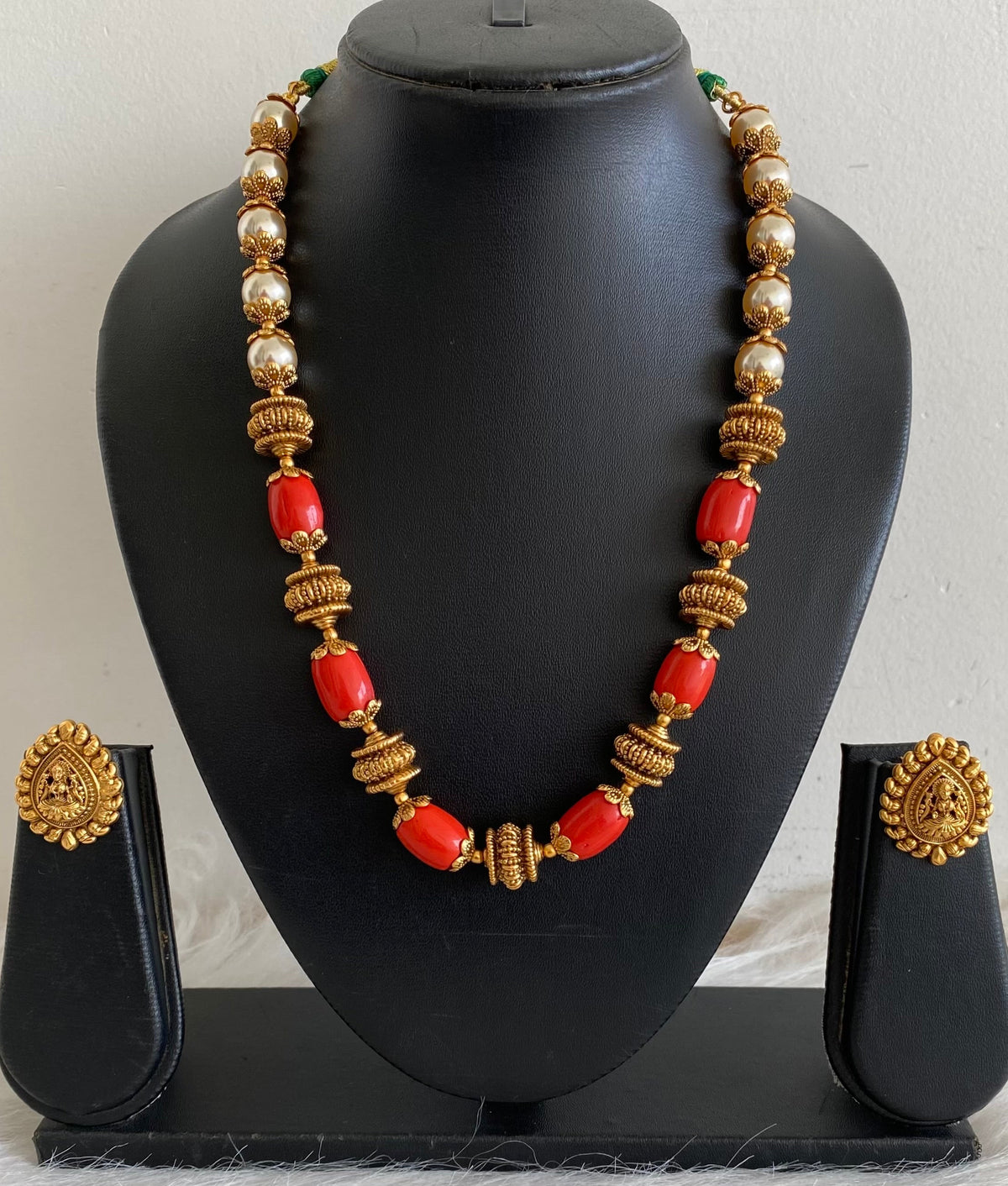 Antique gold tone coral pearl nakshi beaded necklace set dj-54946