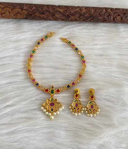 Gold tone navarathna oval stone pearl necklace set dj-54760