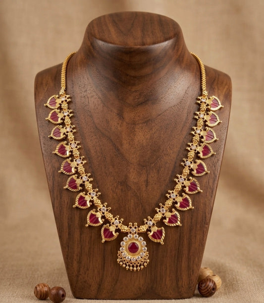 Gold tone white-red palakka necklace dj-53073