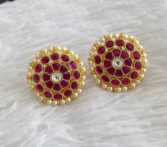Gold tone pink-white pearl kundan jadau flower stud/earrings dj-53547